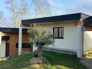 Maison à ossature bois contemporaine avec bardage bois et toiture plate