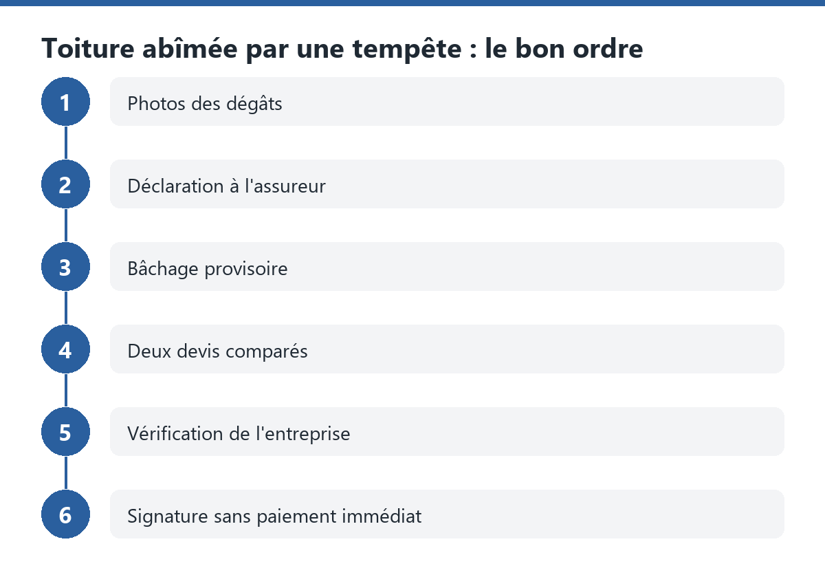 Schéma en 6 étapes : photos des dégâts, déclaration à l'assureur, bâchage provisoire, deux devis comparés, vérification de l'entreprise, signature sans paiement immédiat